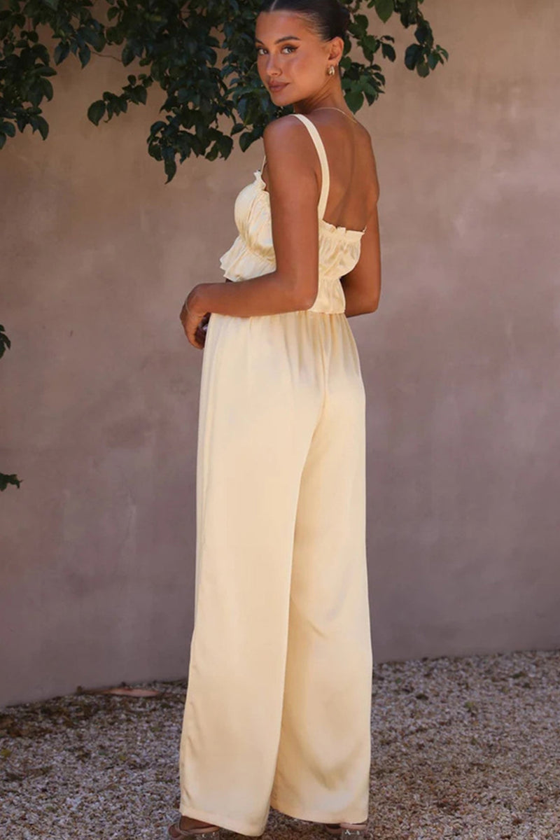 Smocked Ruffle Cami Crop Top Wide Leg Long Pants Set