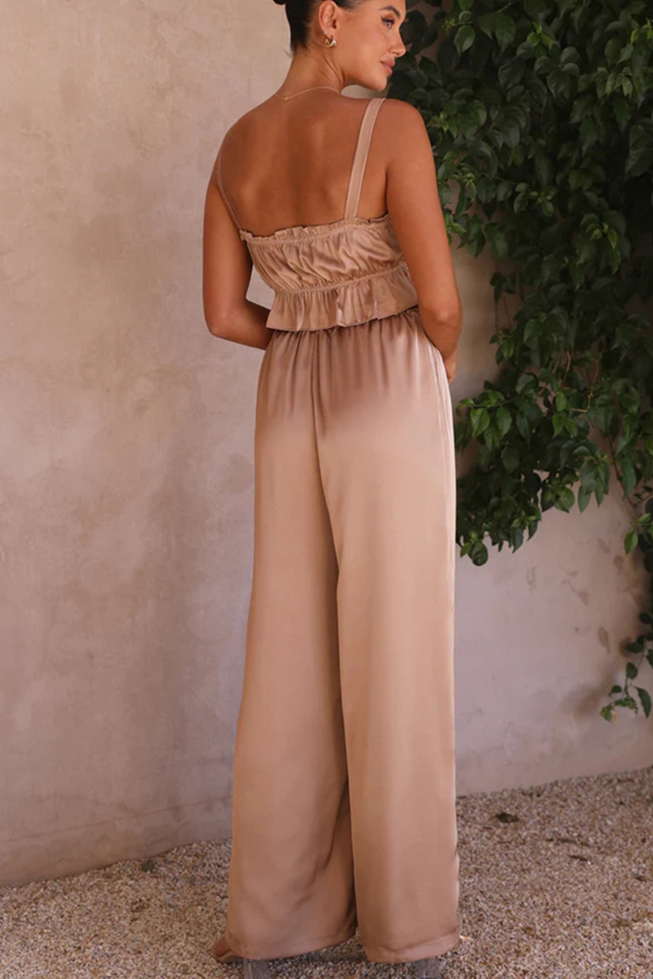 Smocked Ruffle Cami Crop Top Wide Leg Long Pants Set