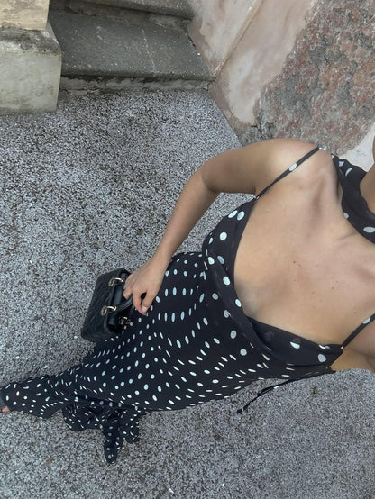Black and Cream Polka Dot Ruffle Maxi Dress