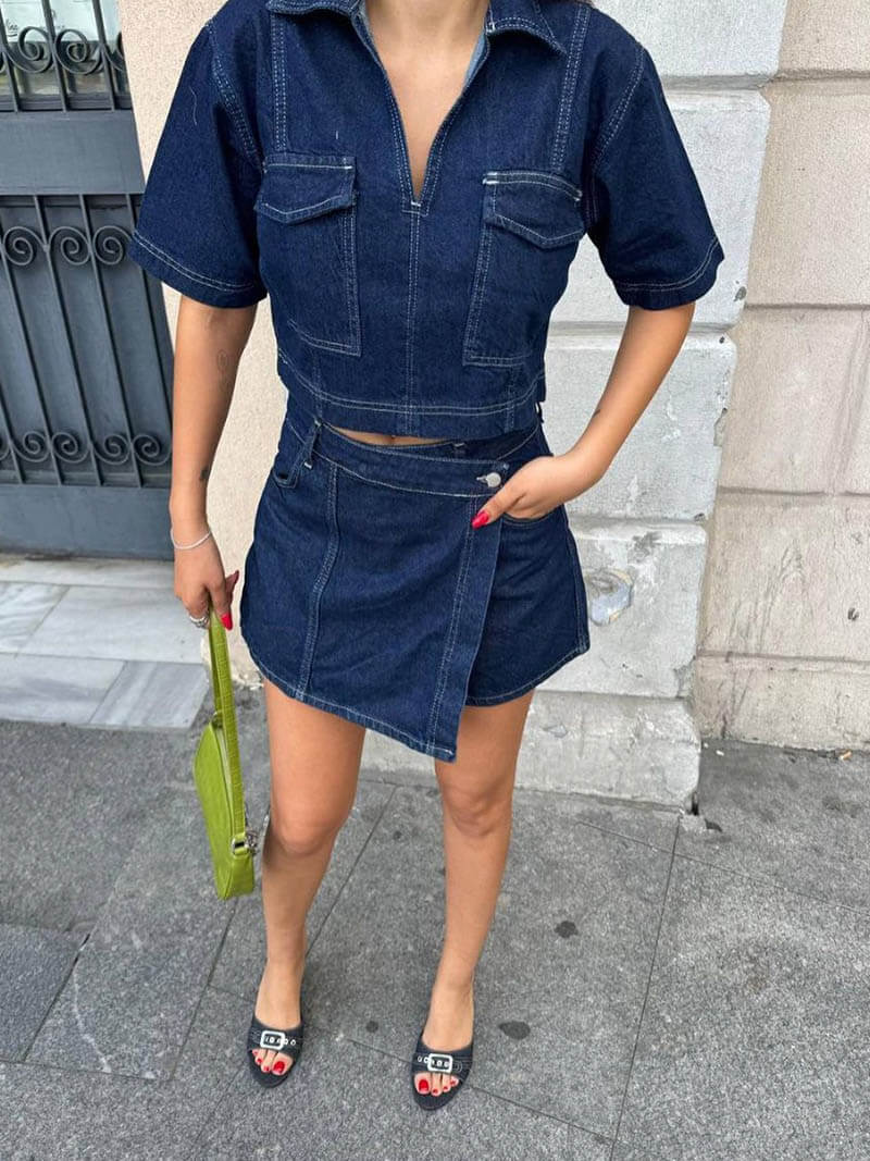 Faelyn - Denim Cropped-top & Skirt Two-piece Set