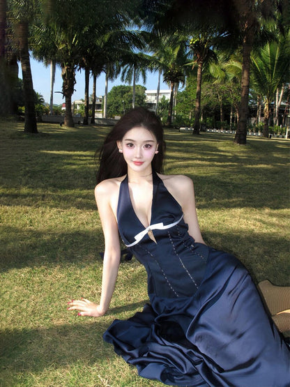 French Blue Halter Maxi Dress _ V-neck Cutout Bow-tie Backless Beach Dress