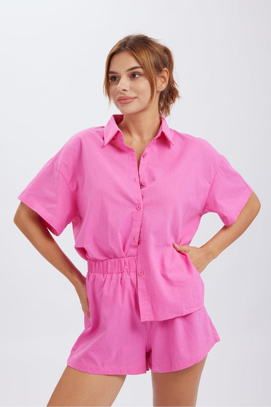 Button Through Drop Shoulder Shirt Shorts Set
