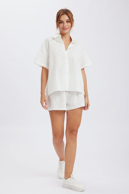 Button Through Drop Shoulder Shirt Shorts Set