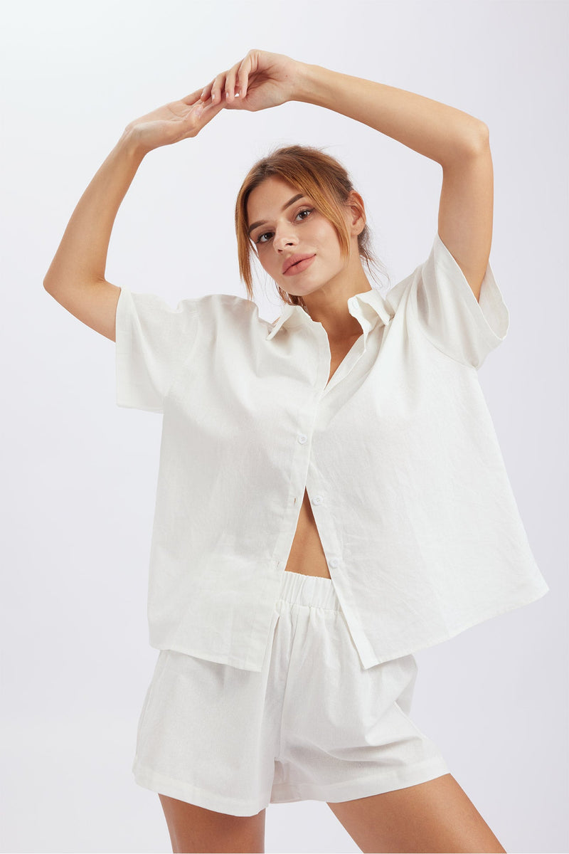 Button Through Drop Shoulder Shirt Shorts Set