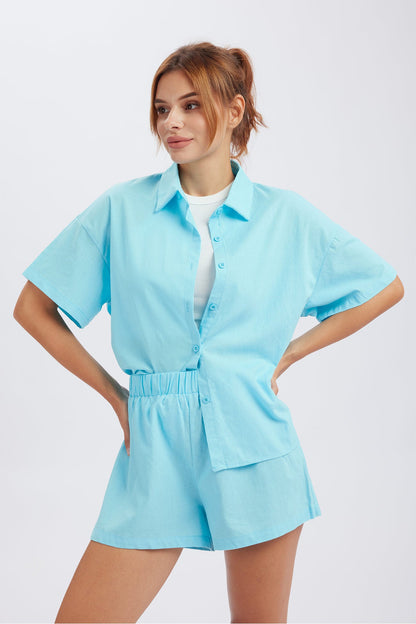 Button Through Drop Shoulder Shirt Shorts Set
