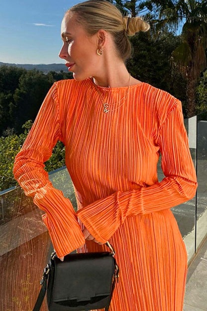 Color Crew Neck Pleated Maxi Dress