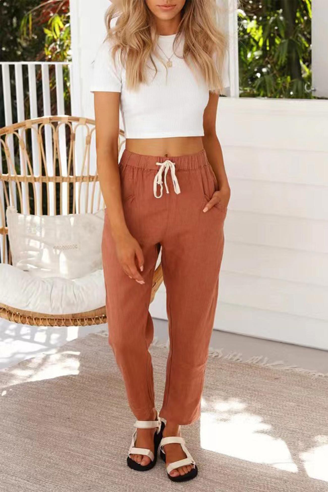 Color Elastic Waist Long Pants