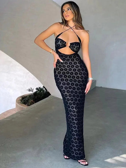 Hollow Out Hanging Neck Perspective Midi Dress