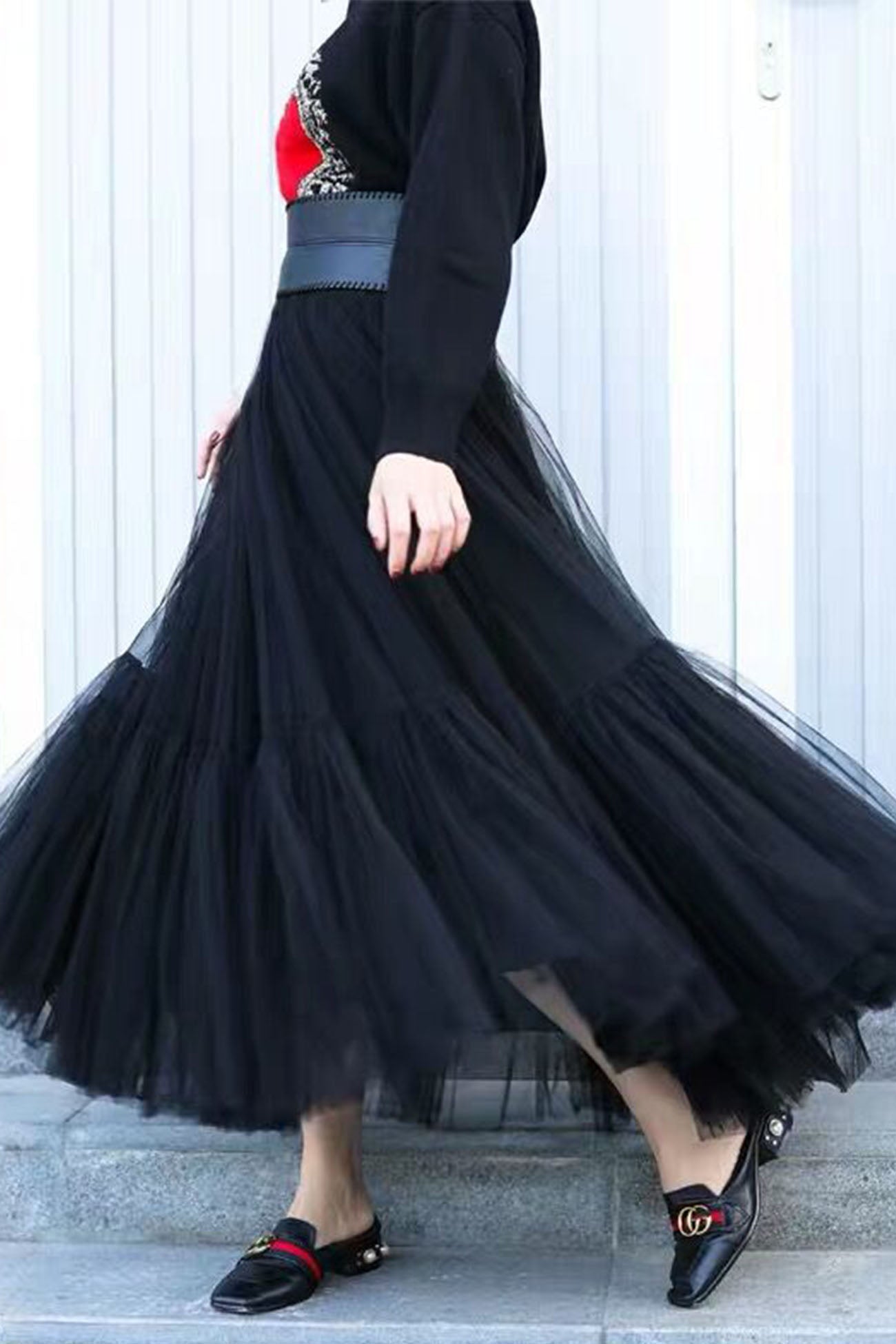 Color Mesh Patchwork Skirt