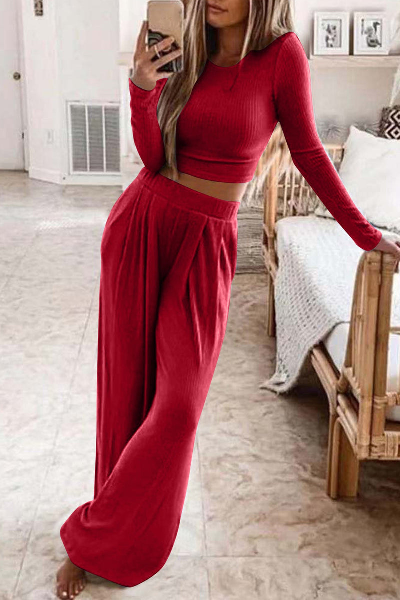 Color Ribbed Crop Top Long Pants Set