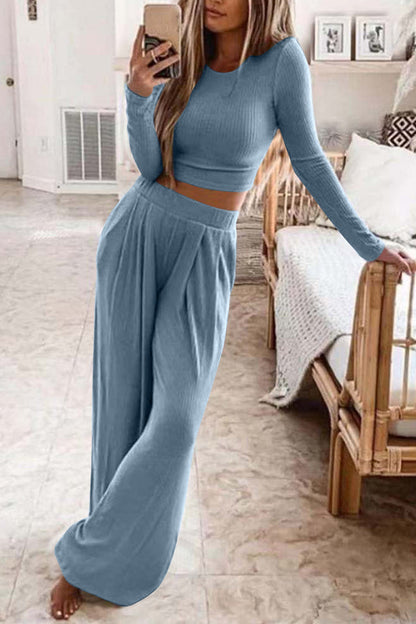 Color Ribbed Crop Top Long Pants Set