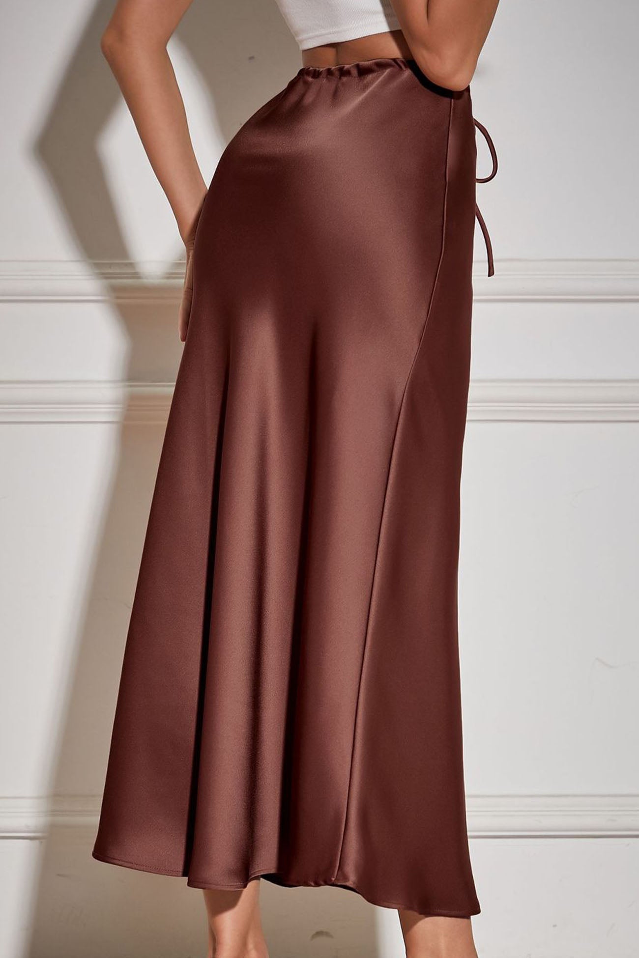 Color Satin Drawstring Midi Skirt