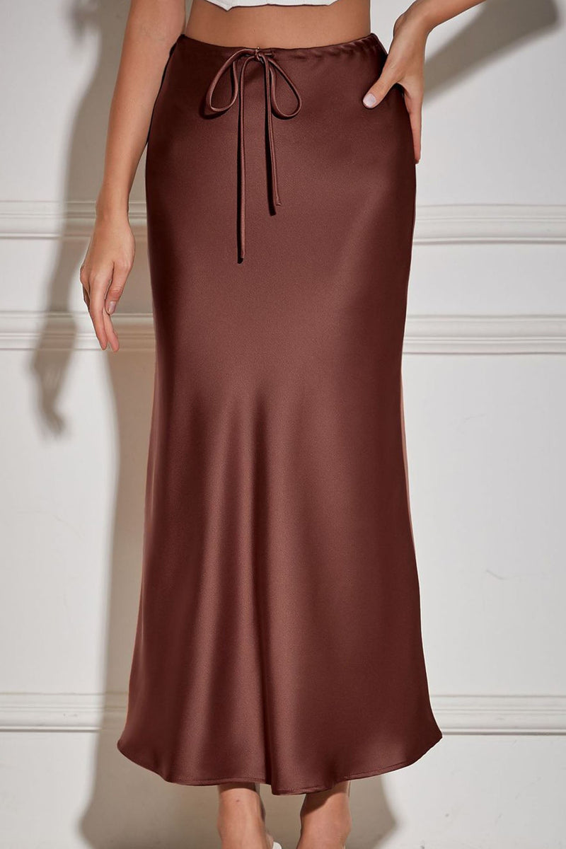 Color Satin Drawstring Midi Skirt