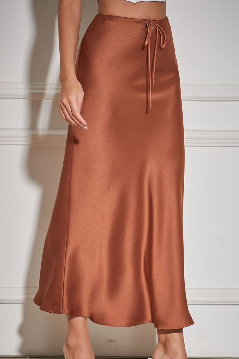 Color Satin Drawstring Midi Skirt