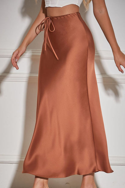 Color Satin Drawstring Midi Skirt