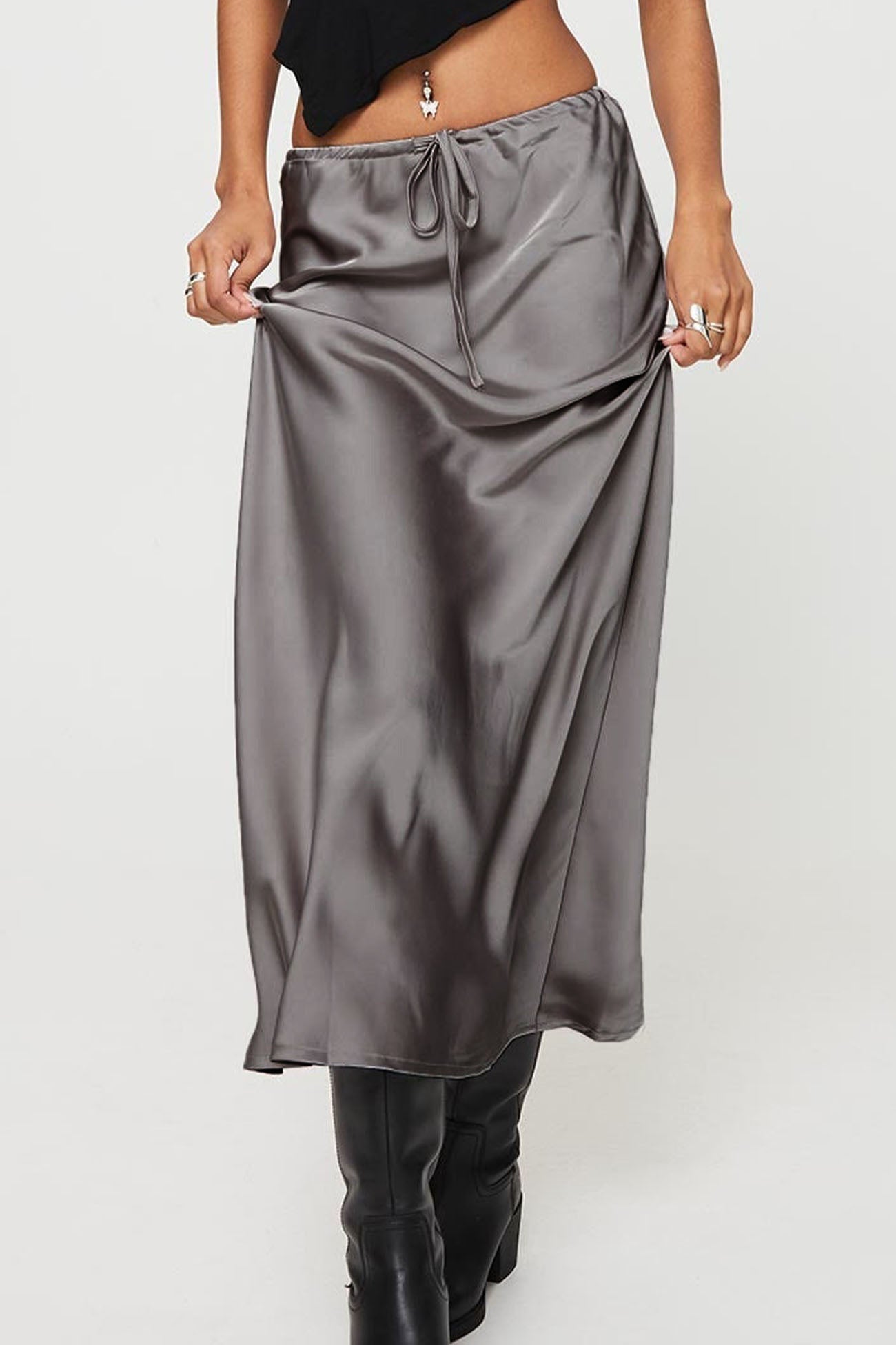 Color Satin Drawstring Midi Skirt