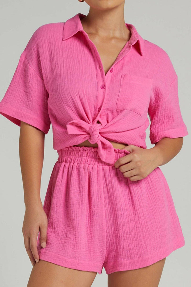 Color Short Sleeve Shirt Cotton Two-piece Shorts Set