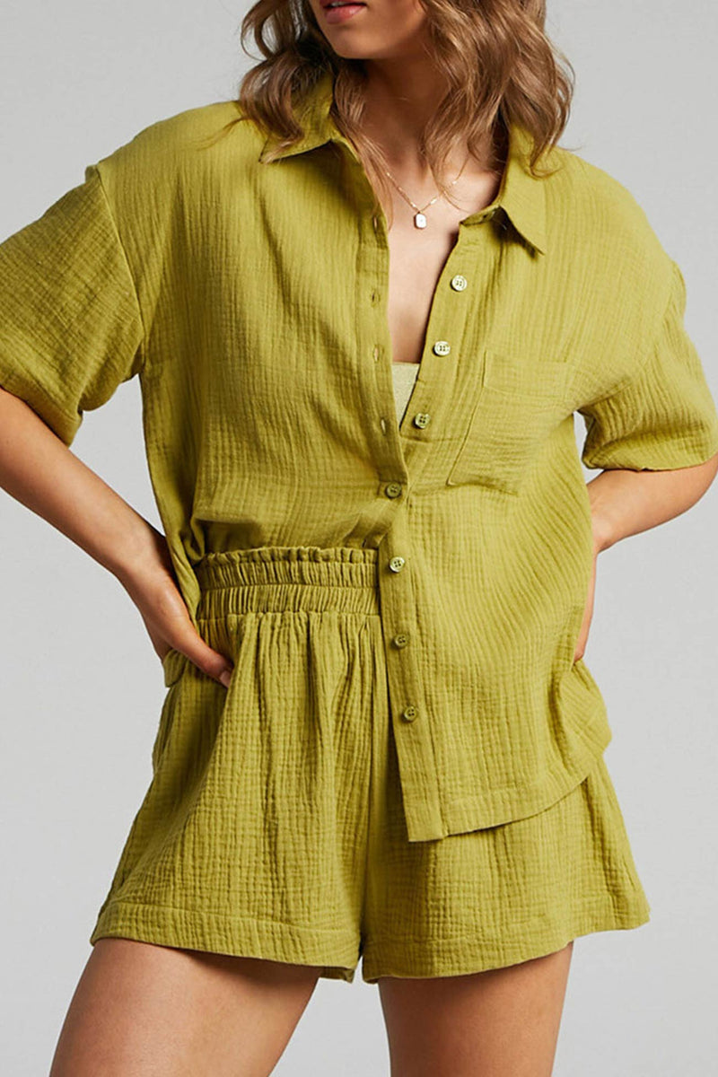 Color Short Sleeve Shirt Cotton Two-piece Shorts Set