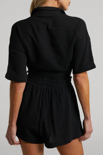 Color Short Sleeve Shirt Cotton Two-piece Shorts Set