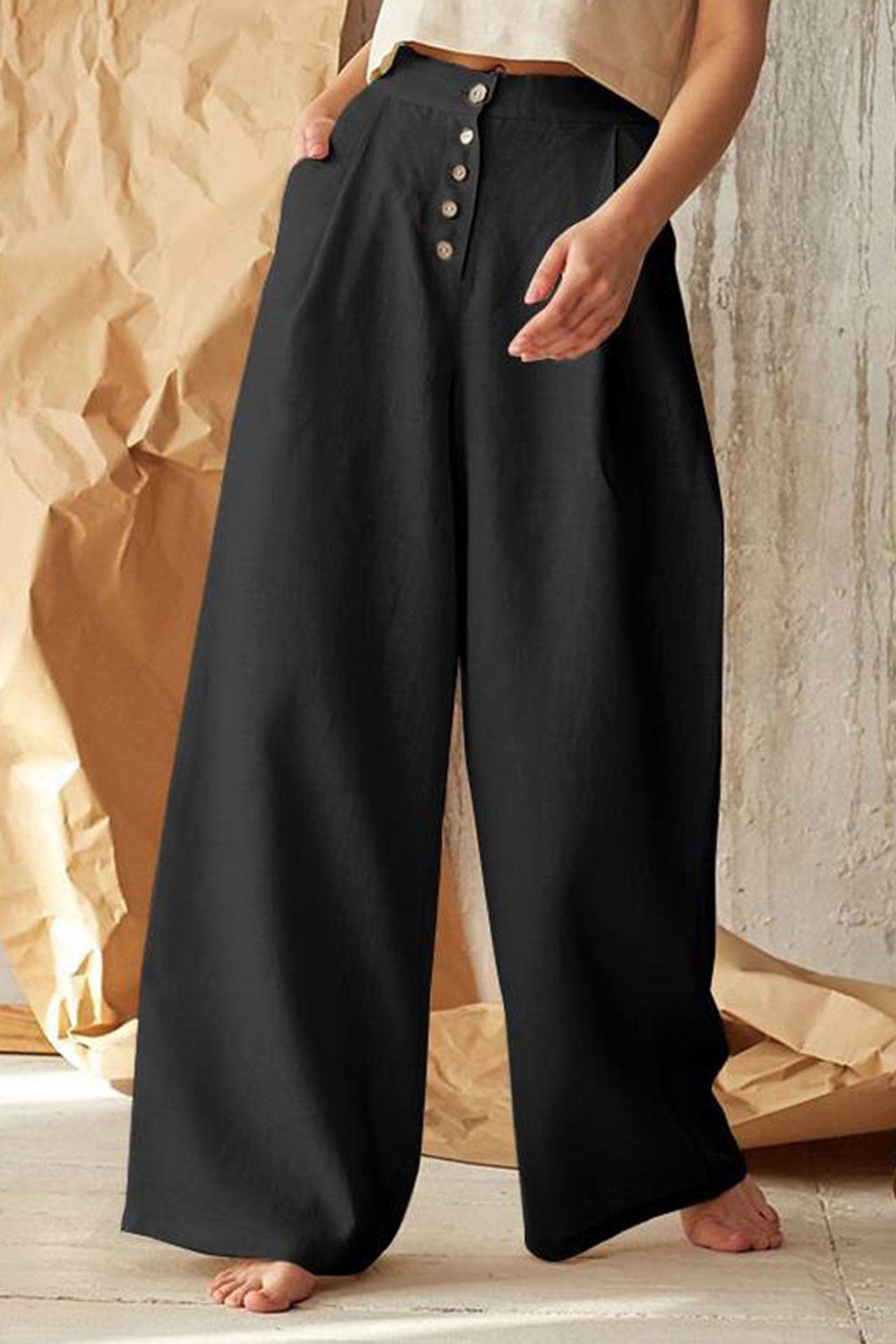 Color Single-breasted Wide Leg Long Pants