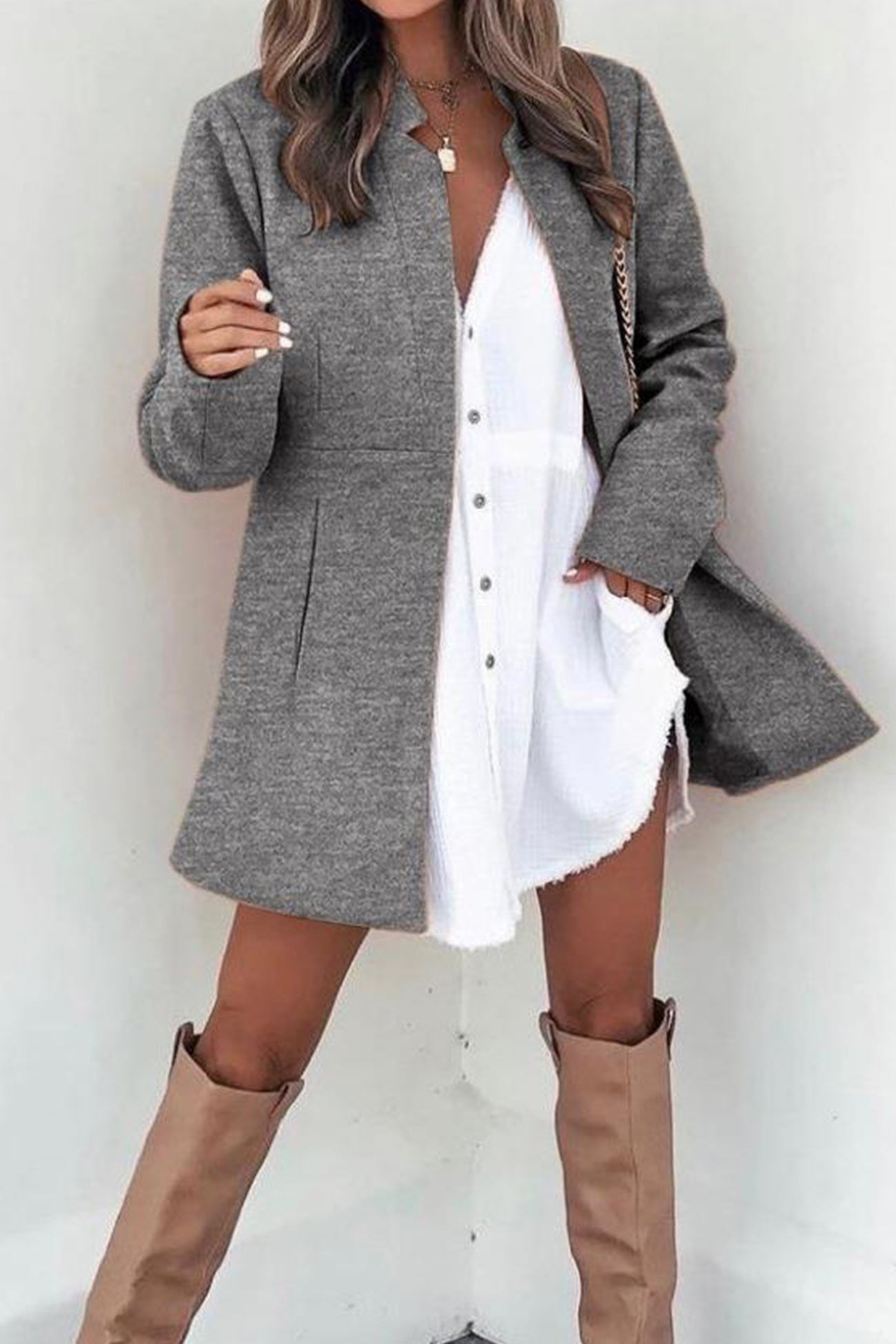 Color Stand Neck Mid-length Plush Coat