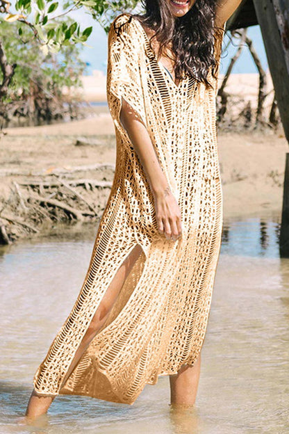 Color V Neck Hollow Out Cover-up Dress