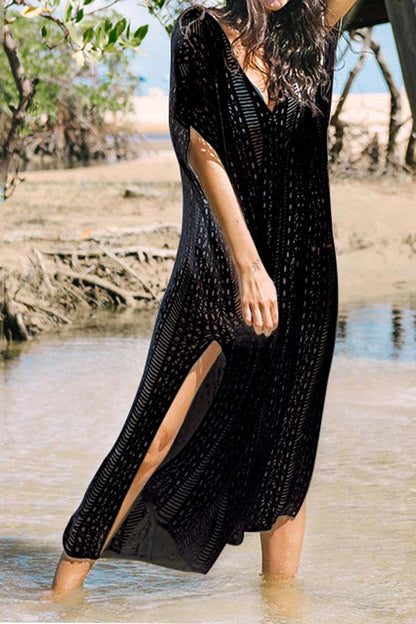 Color V Neck Hollow Out Cover-up Dress