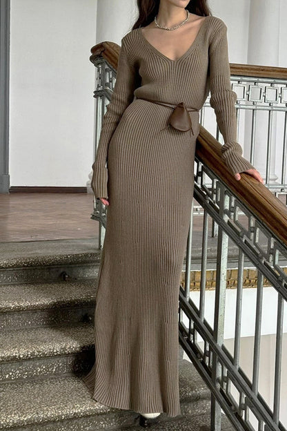 Color V Neck Knitted Bodycon Maxi Dress