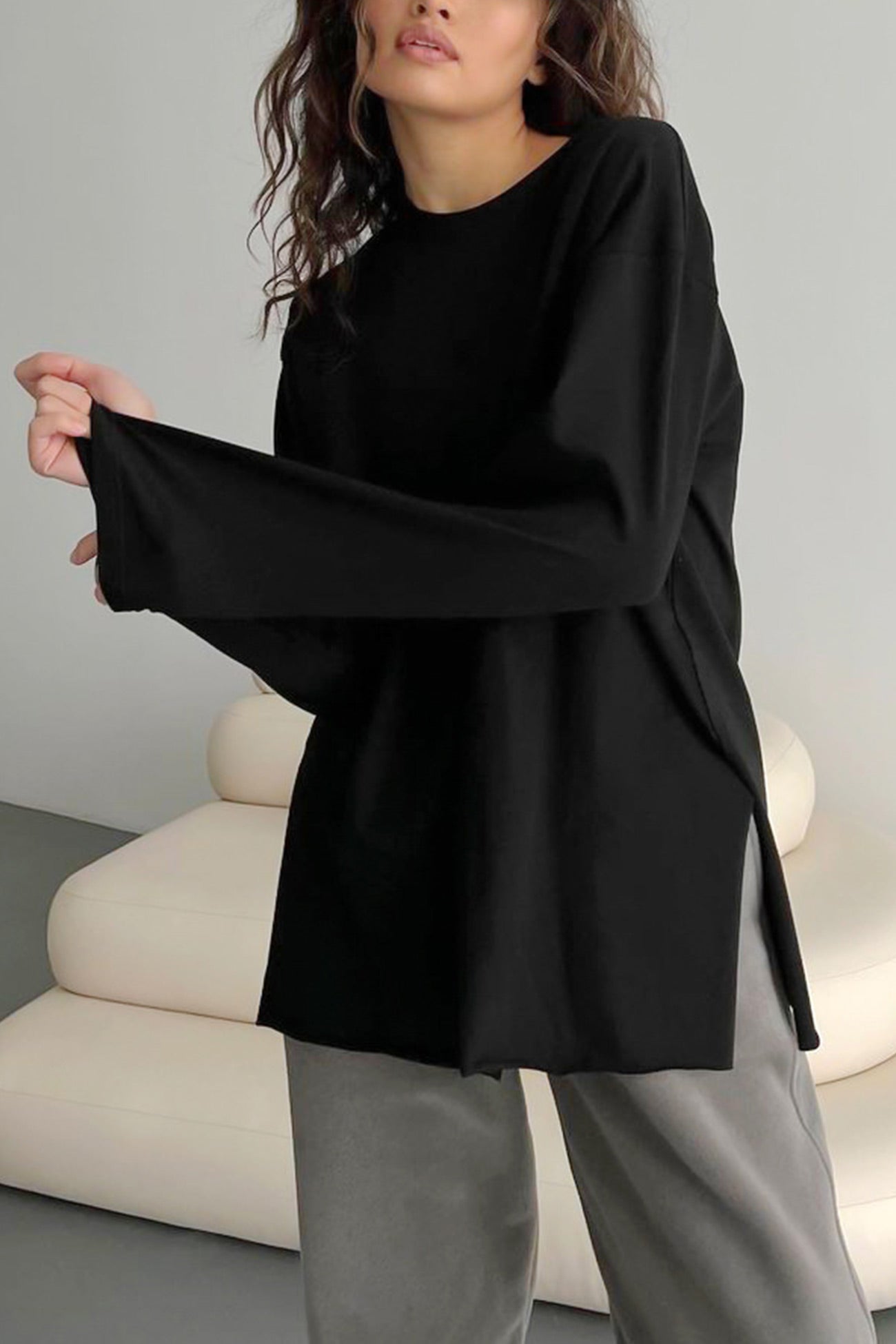 Crew Neck Slit Cotton Sweatshirt