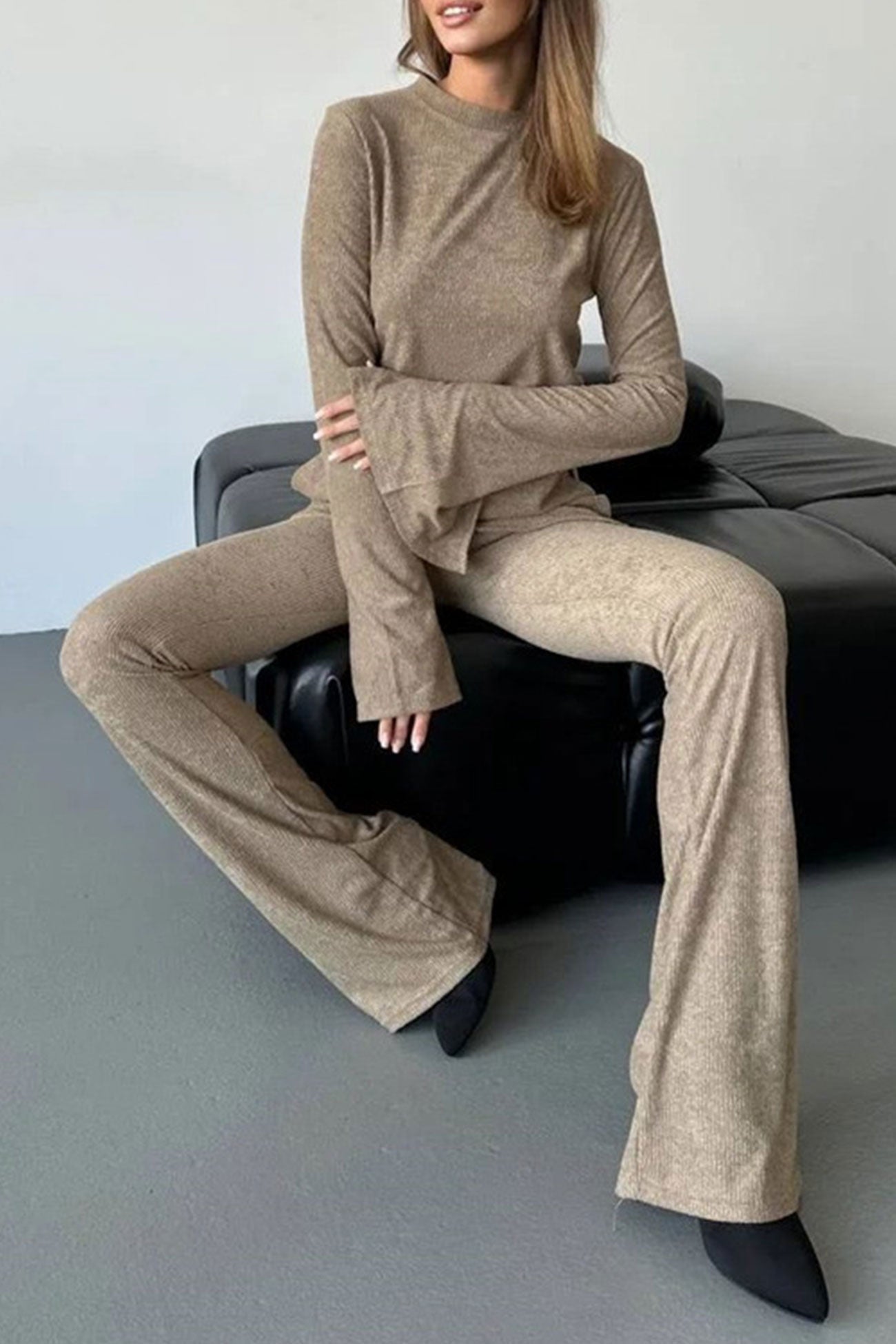 Flare Sleeve Knit Tops Long Pants Set