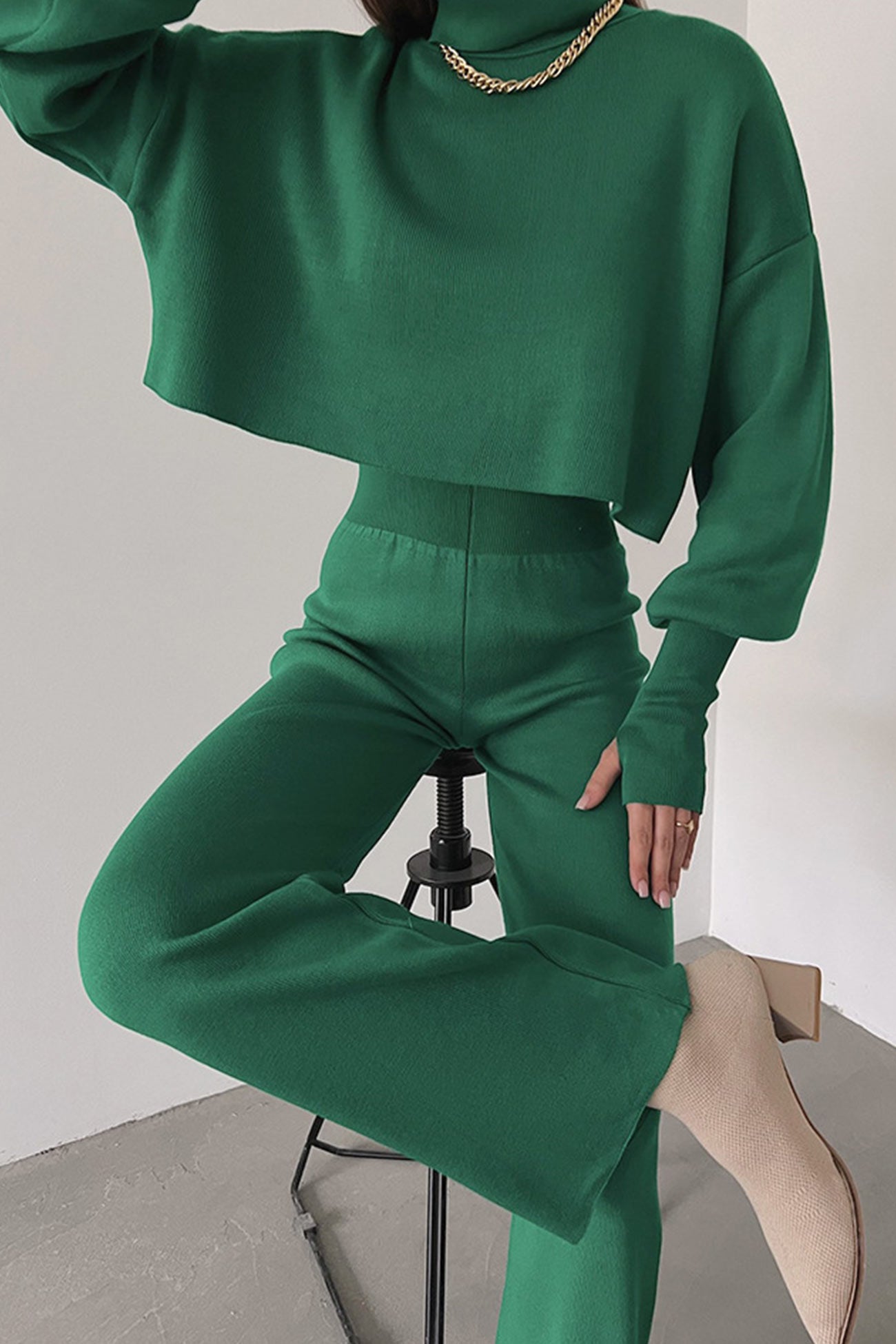 High Neck Crop Top Long Pants Set