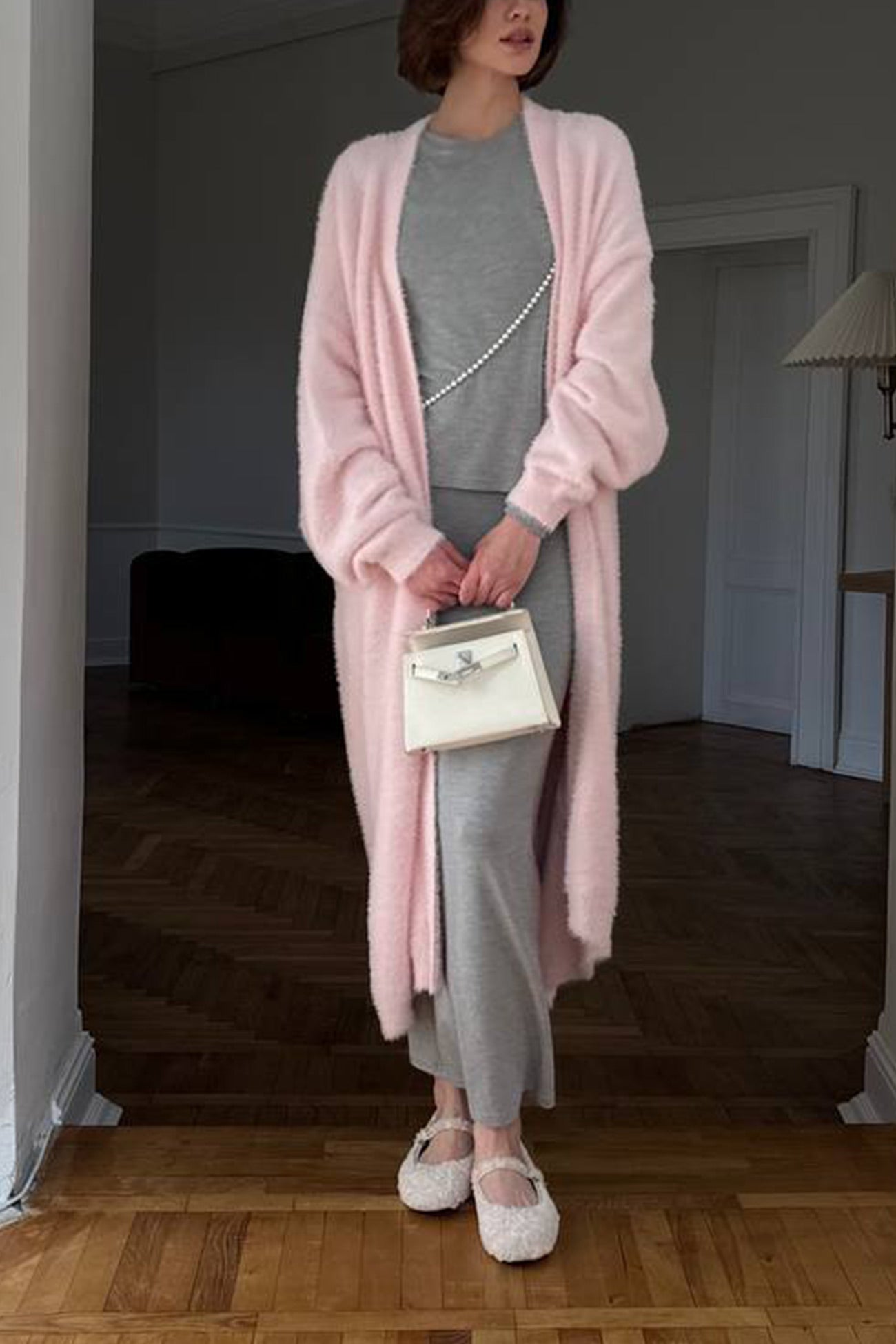 Imitation Mink Tie-up Long Cardigan
