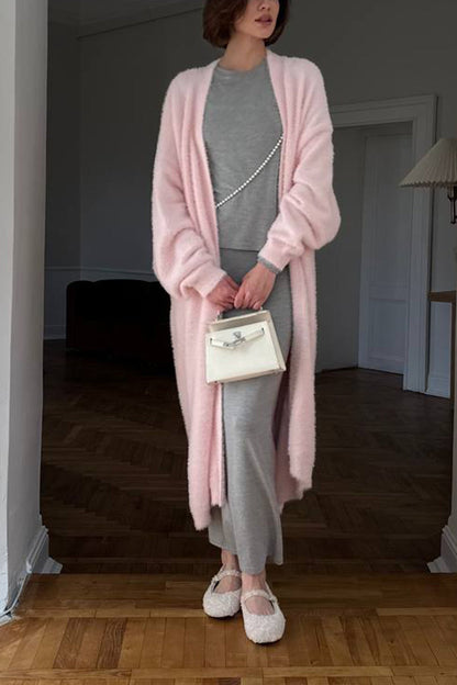 Imitation Mink Tie-up Long Cardigan