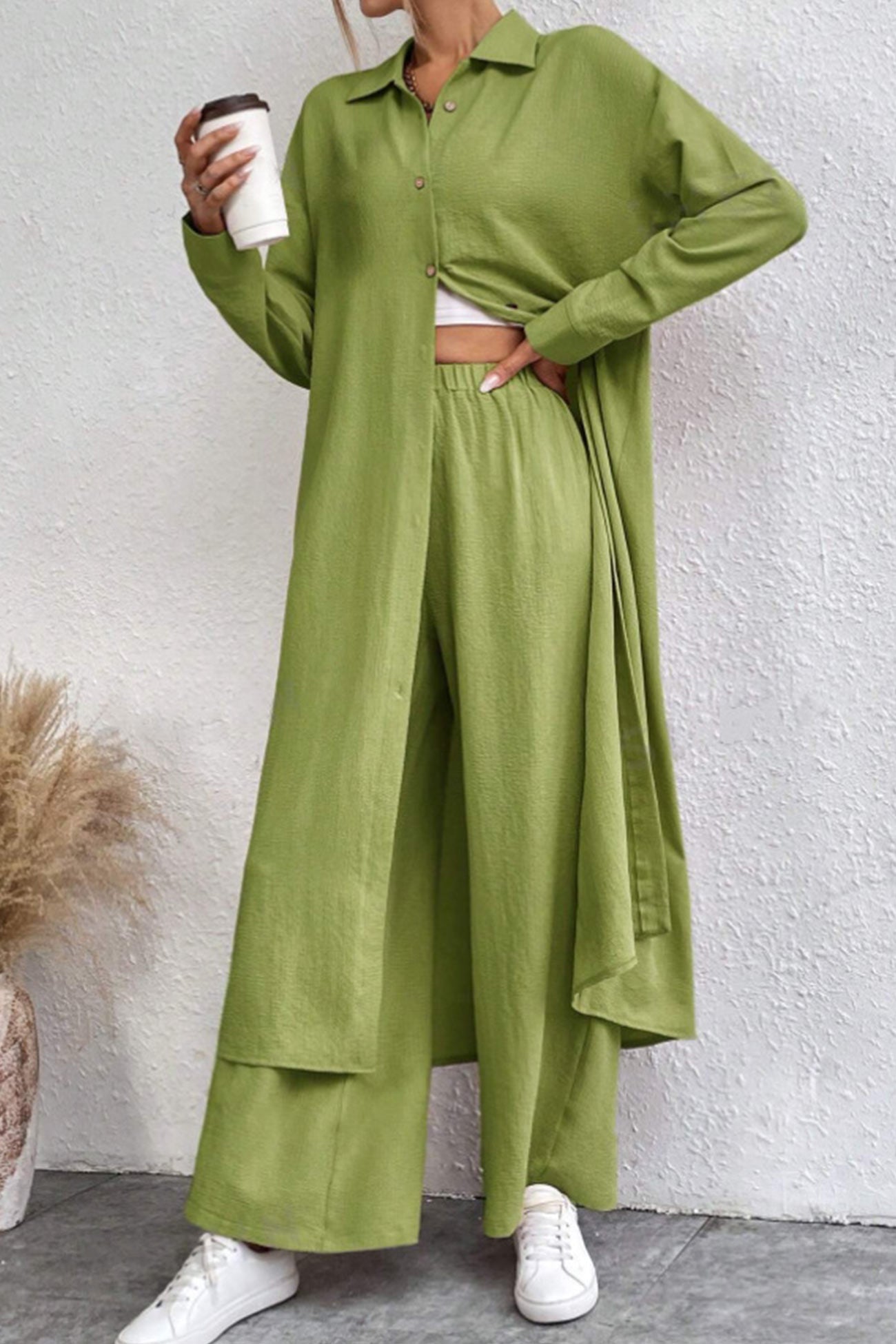 Long Shirt Wide Leg Pants Set
