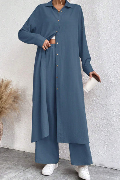 Long Shirt Wide Leg Pants Set