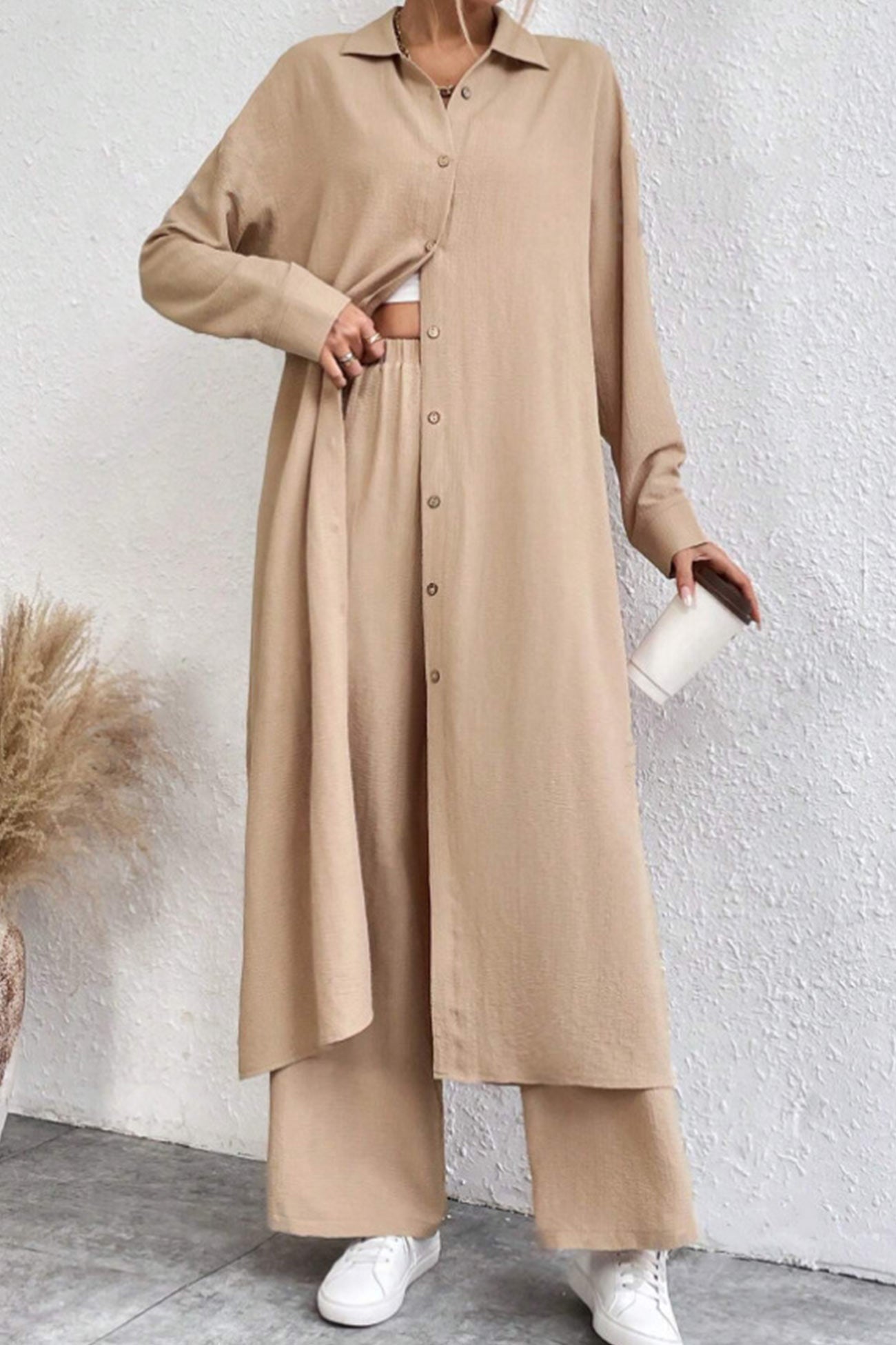 Long Shirt Wide Leg Pants Set