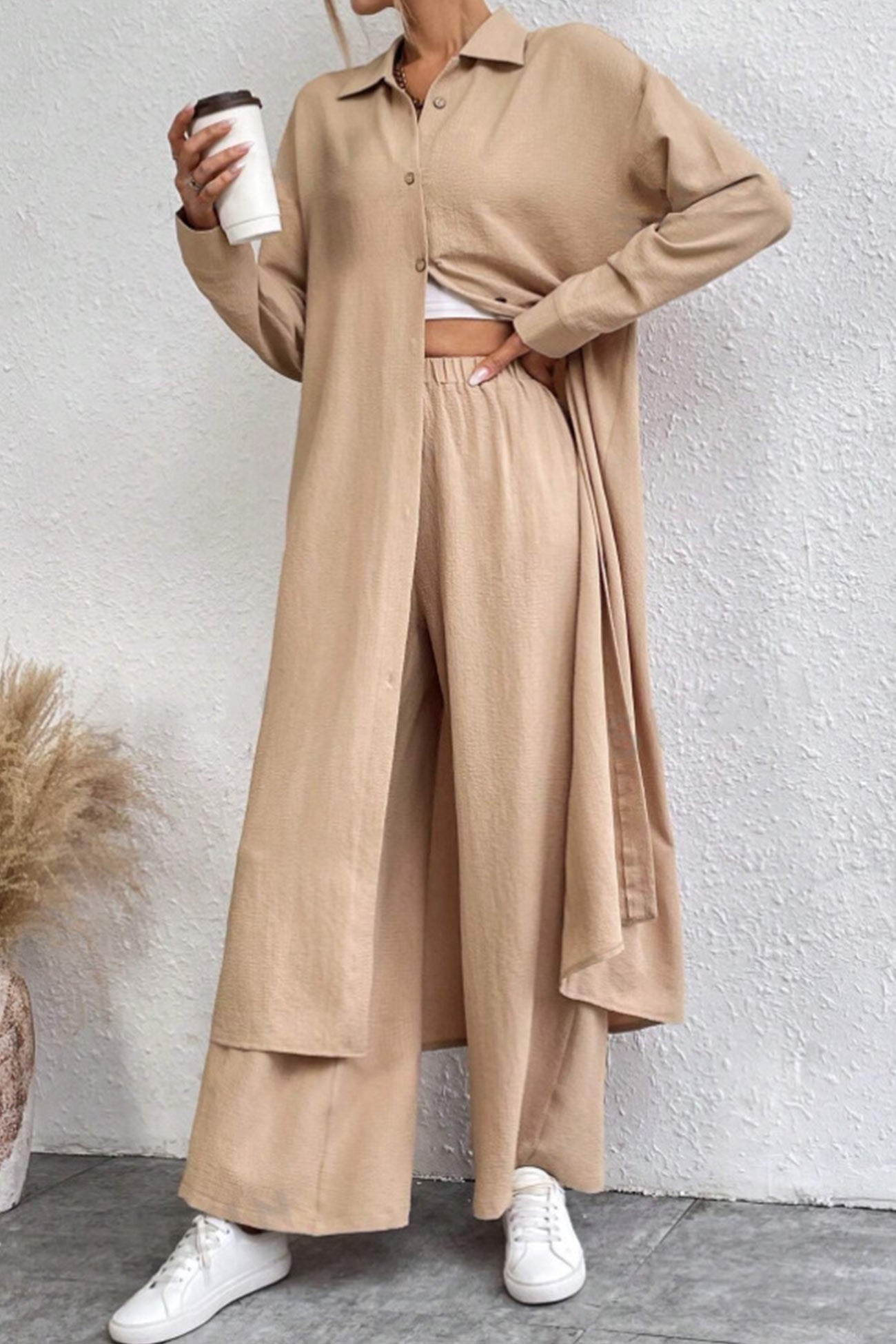 Long Shirt Wide Leg Pants Set