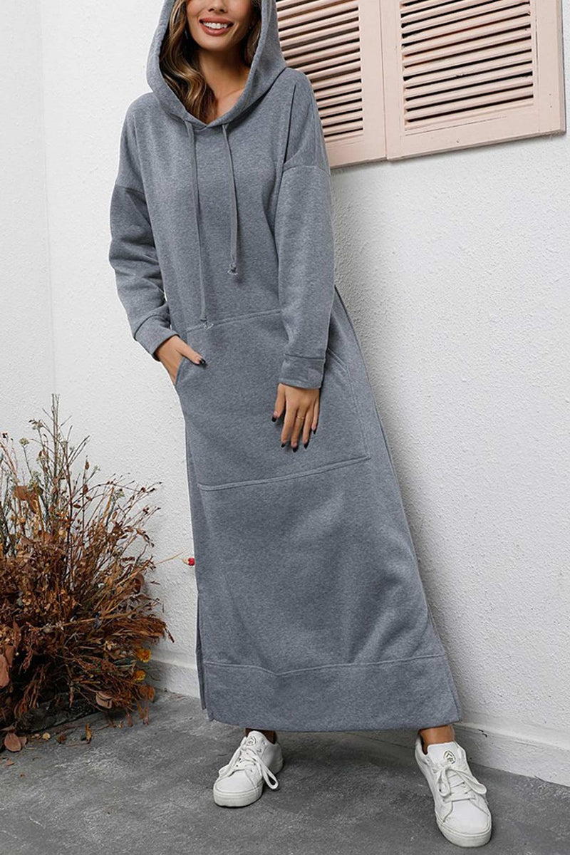 Pocketed Slit Hem Hoodie Dress