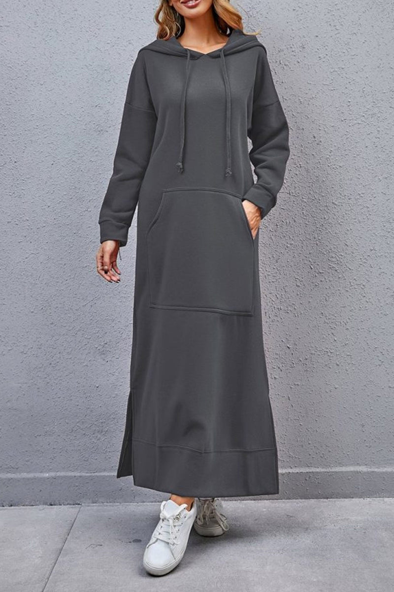 Pocketed Slit Hem Hoodie Dress