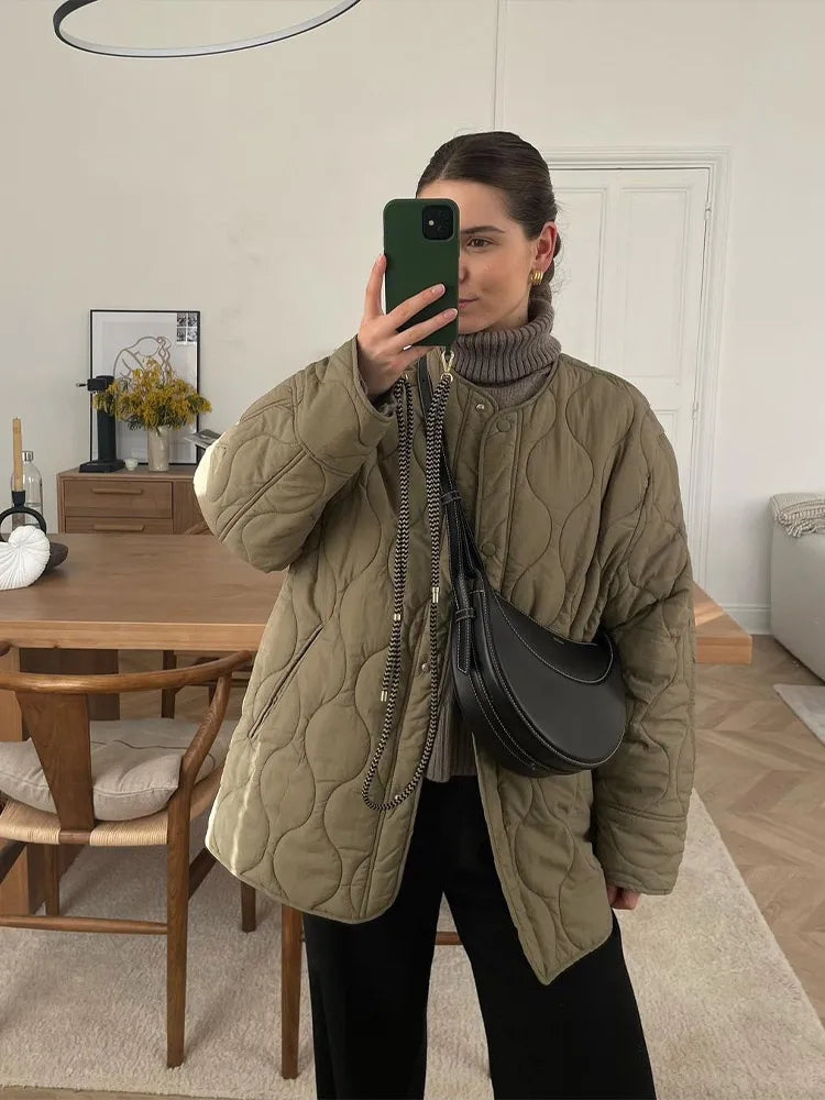 Quilted Jackets Spring Autumn O-neck Single Breasted Pocket Coats Female Long Sleeve Lady Outerwear