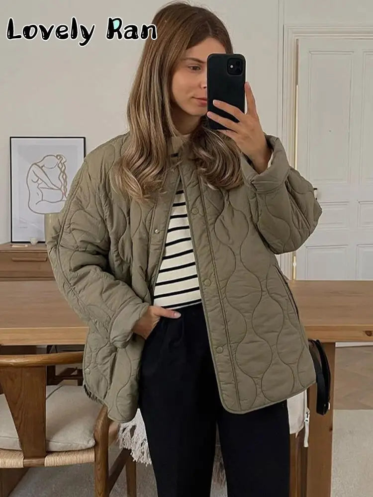 Quilted Jackets Spring Autumn O-neck Single Breasted Pocket Coats Female Long Sleeve Lady Outerwear