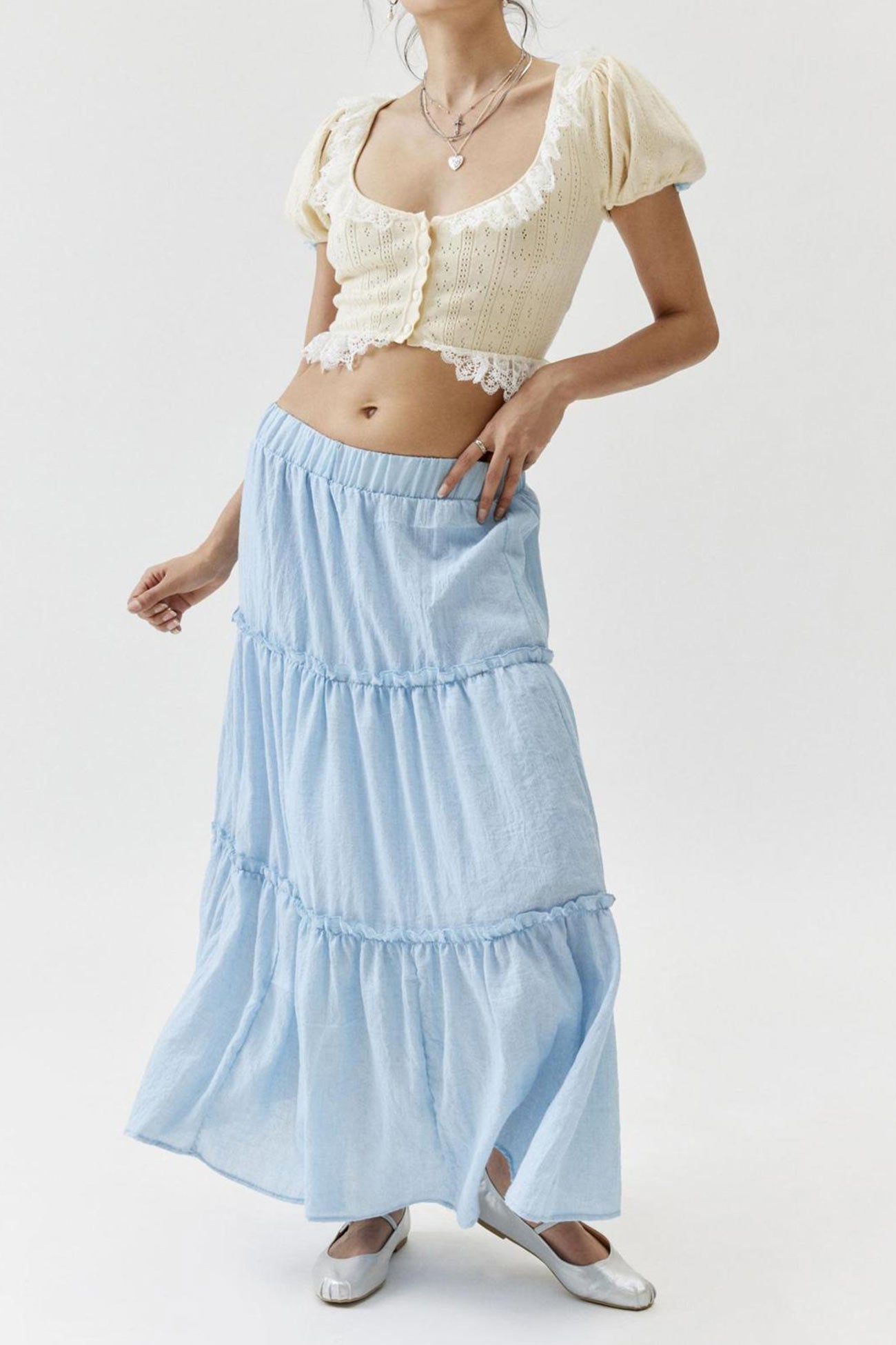Ruched Tiered Midi Skirt