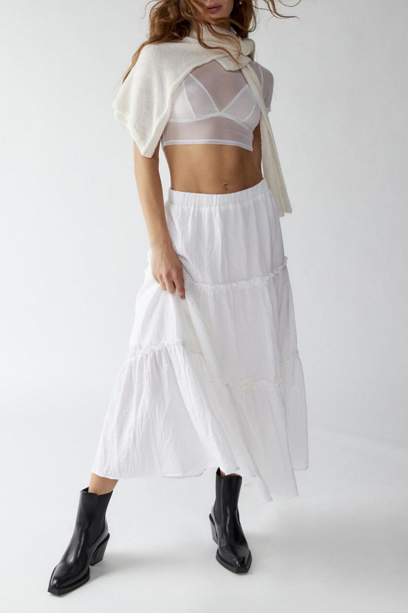 Ruched Tiered Midi Skirt