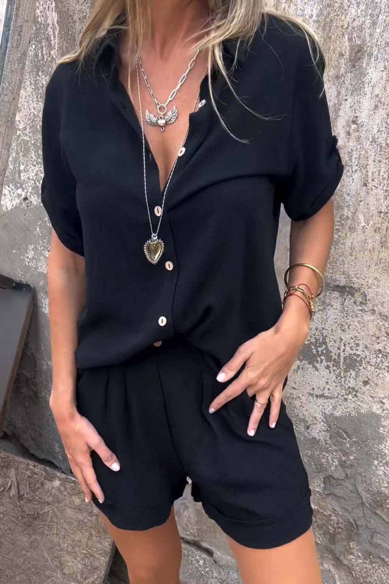 Color Button Down Half Sleeve Shorts Set