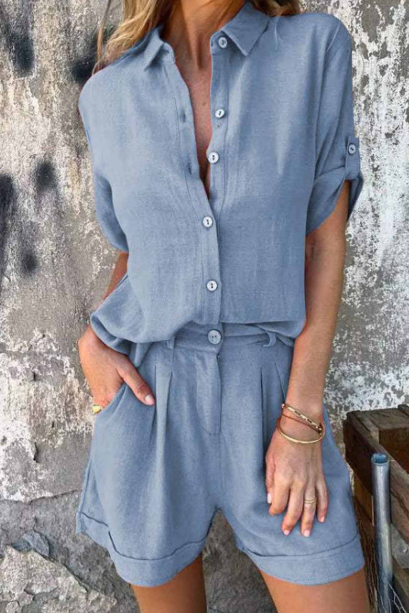 Color Button Down Half Sleeve Shorts Set