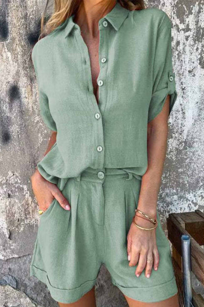 Color Button Down Half Sleeve Shorts Set