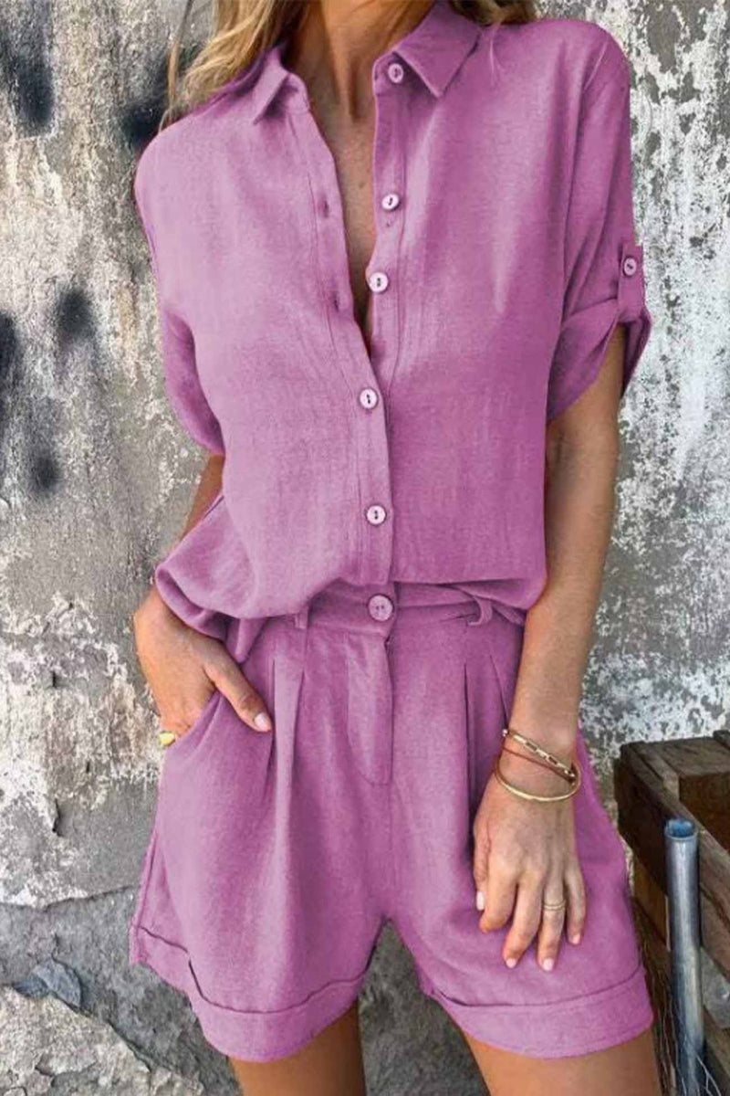 Color Button Down Half Sleeve Shorts Set