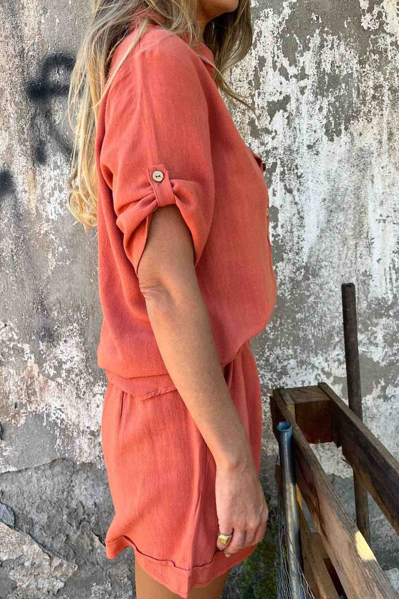 Color Button Down Half Sleeve Shorts Set