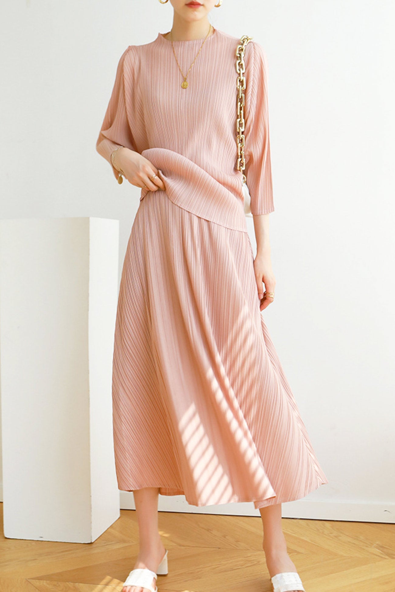 Color Full Pleated High Waist Skirt