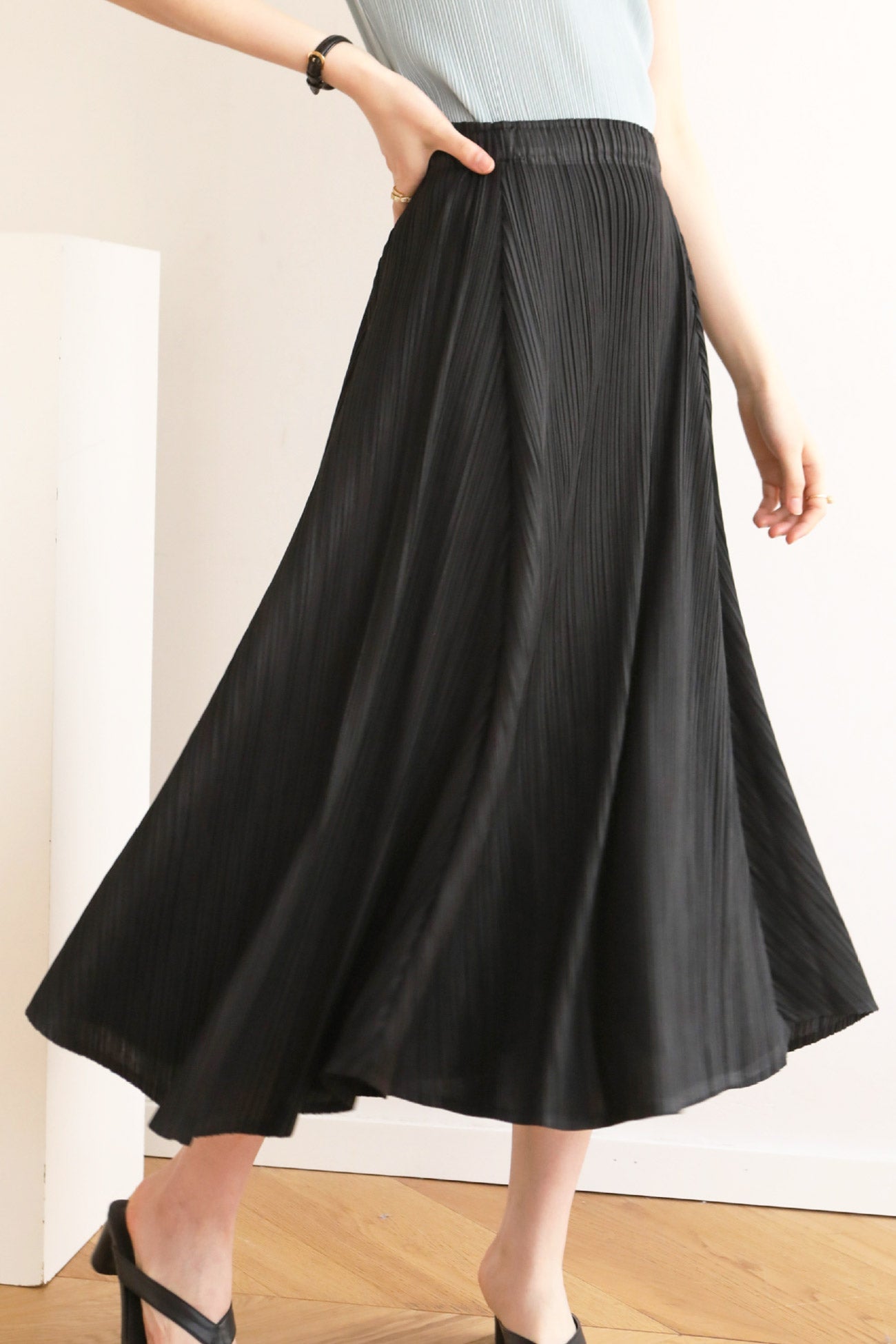 Color Full Pleated High Waist Skirt